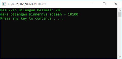 Hasil run program konversi desimal ke biner