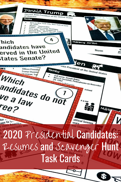 2020 Presidential Candidates: Resumes and Scavenger Hunt Task Cards More about this Pin Engaging Them All Engaging Them All Saved to My Work on Teachers Pay Teachers now 2020 Presidential Candidates: Resumes and Scavenger Hunt Task Cards #usgovernment #usgovernmentactivities #socialstudies #middleschoolsocialstudies #election2020 #primaries2020