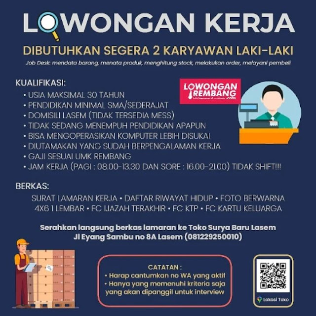 Dibutuhkan Cepat 2 Lowongan Kerja Pegawai Toko Surya Baru Rembang