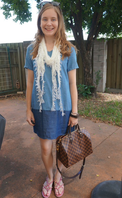 Summer Style Chambray Shift Dress White Scarf Studded Sandals LV Speedy