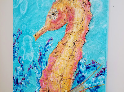 orange seahorse with coral painting