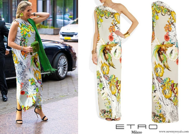 Queen Maxima wore Etro one-shoulder floral print dress