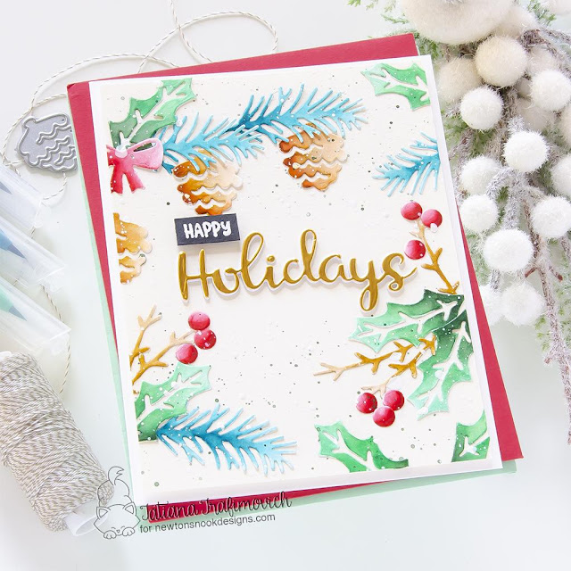 Happy Holidays by Tatiana Trafimovich | Pines & Holly Die Set, Holiday Greetings Die Set and Cycling Friends Stamp Set by Newton's Nook Designs #newtonsnook #handmade