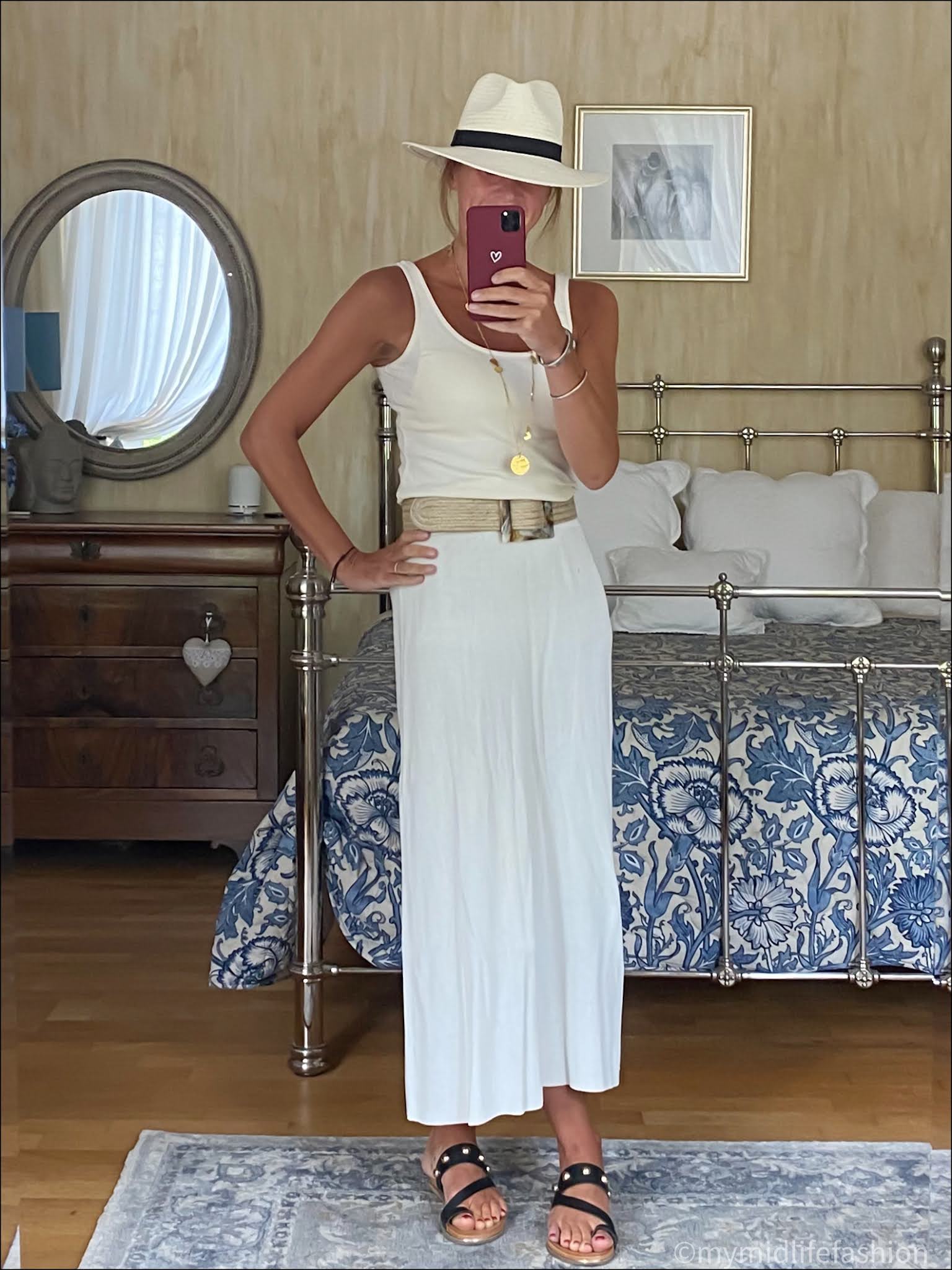 my midlife fashion, saint and Sofia rib cami, Zara Panama hat, ashiana gold coin necklace, Zara jute belt, Zara knitted a line skirt, carvela karafe sandals