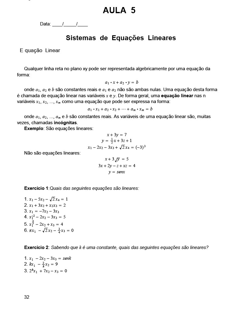 Sistemas de equações lineares pdf