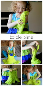 {New Recipe} All-Natural Edible Slime!  No cook recipe that's ready in less than 5 minutes.  Feels and acts just like traditional slimes without any chemicals!  From Fun at Home with Kids