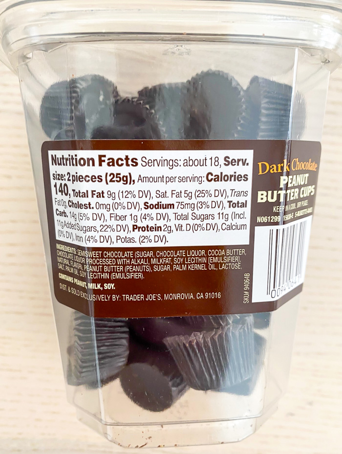 Trader Joe's Dark Chocolate Peanut Butter Cups nutrition label and ingredients