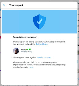 "Hateful conduct" violation by @NanaMGNS on Twitter. A rare "victory" against the radical feminists!