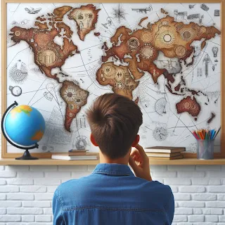 estudante pensando, olhando para um mapa geografico numa parede