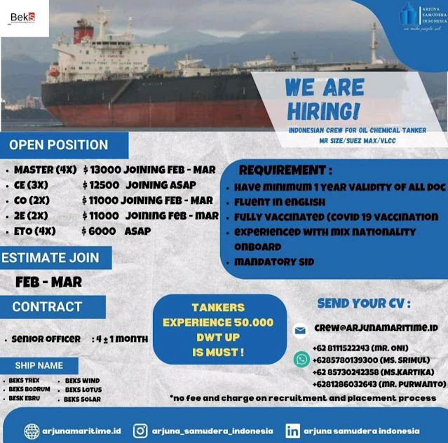 Lowongan Pelaut Master, CE, CO, 2E, ETO, Cook Join Februari 2024