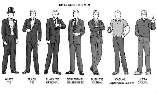 business formal, business casual, smart casual, black tie