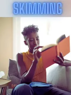 Illustration depicting a person skimming through text, recognising key expressions, headings, and subheadings for efficient reading.