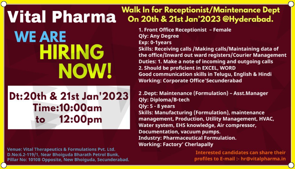 Job Availables, Vital Pharma Walk In Interview For Fresher/ Experienced Candidates For Receptionist/Maintenance Dept