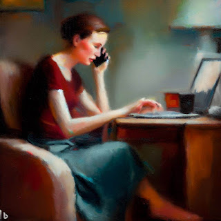 oil painting about woman working from home during the pandemic feeling isolated