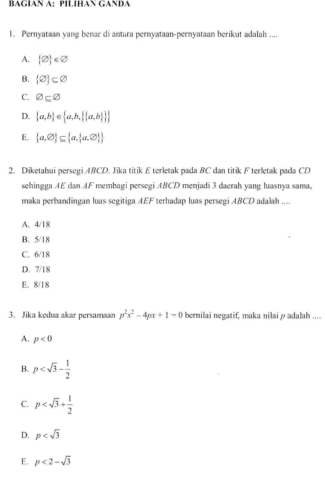 CONTOH SOAL LATIHAN OLIMPIADE SAINS NASIONAL MATEMATIKA 