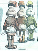 Caricatura de la revista Don Quijote en la que se satiriza las posiciones políticas de Roberts, Torres y Rusiñol. Véase la forma del cráneo, satirizando el «cráneo catalán». 