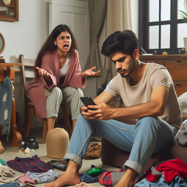 A man on tiktok while a woman watches angrily in a messy home