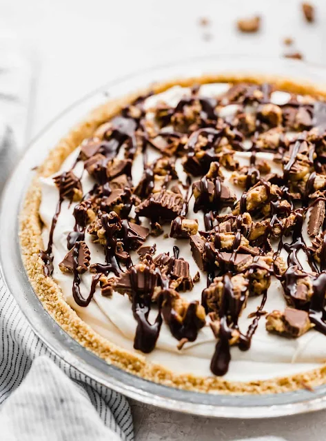 peanut butter pie topped with peanut butter cups