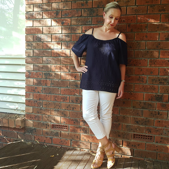 Katies white jeggings and navy cold shoulder top | Almost Posh