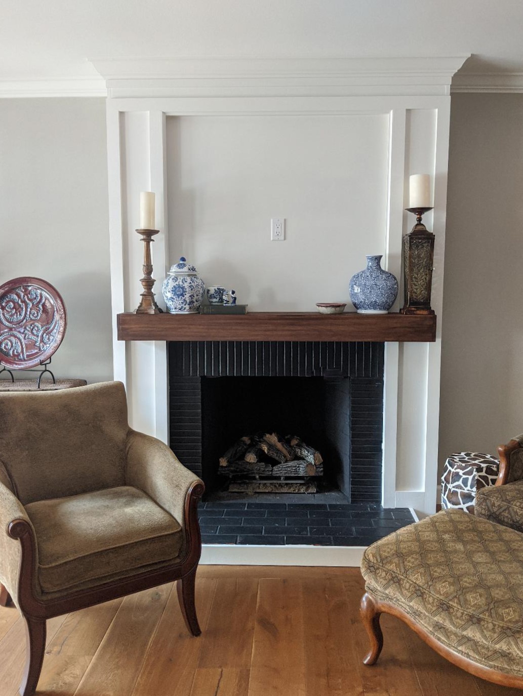 ireplace makeover black white modern farmhouse transitional brick wood mantel hearth surround