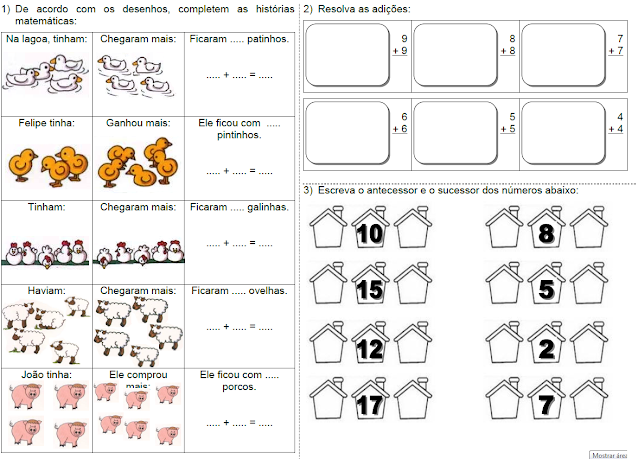 Atividades - Situações-problema, Adições e Antecessor/Sucessor