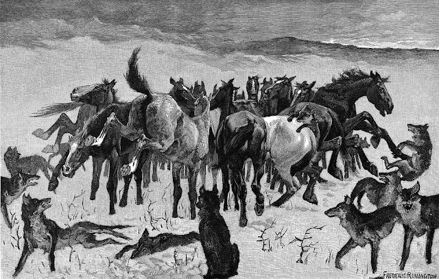 a Gray Morrow illustration of a herd of wild horses fighting off wolves