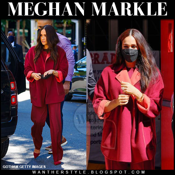 Meghan Markle in red oversized jacket, red trousers and red pumps