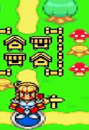 Animation Charecter with yellow hair and  knight style outfit in red and silver colour with blue circle in his feet area and behind him is yellow coloured  village with fench around it plus one tree on the top plus two mushrooms and one cut down tree between both mushrooms  at 11:01:07.png