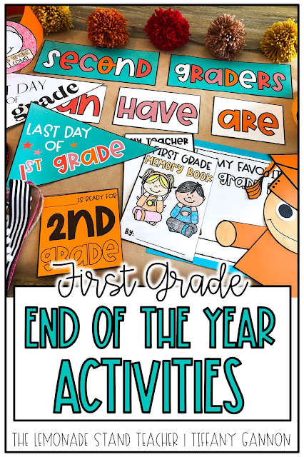 Looking for first grade end of the year activities?!  This fun end of the year pack has all you need to finish the year with lots of fun!  End of the year pennant flags for last day photos, memory book, anchor chart pieces, student hats, a graduation craft, and more!  Click here to read more about it!