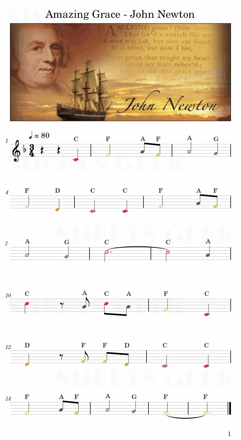 Amazing Grace - John Newton Easy Sheet Music Free for piano, keyboard, flute, violin, sax, cello page 1