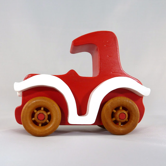 Wood Toy Car, Classic Model-T Sedan, Finished in Bright Red, White, & Amber Shellac, Bad Bob's Custom Motors