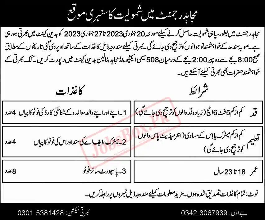 Pak Army Mujahid Force Jobs 2023 Solider - Latest Advertisement