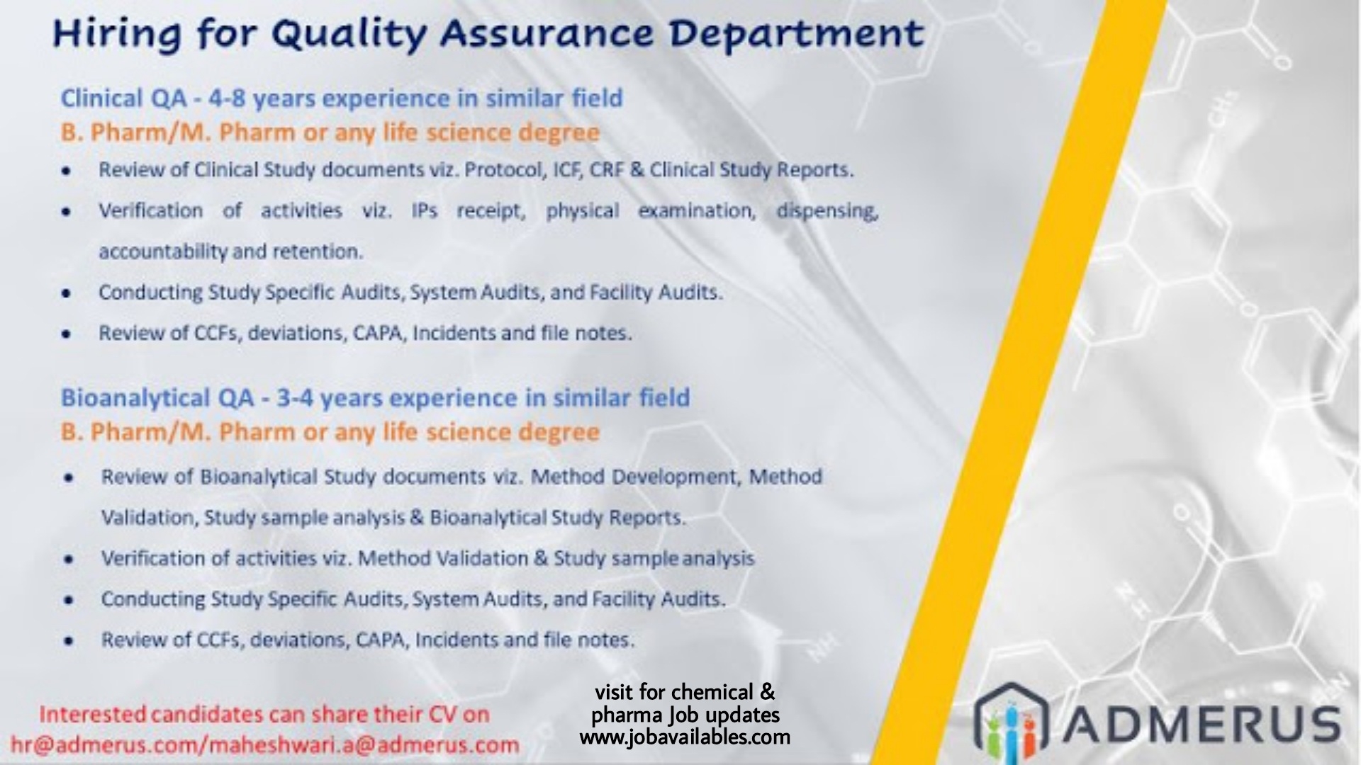 Job Availables, Admerus Bioscience Pvt Ltd Job Opening For B.Pharma/ M.Pharma - QA Dept