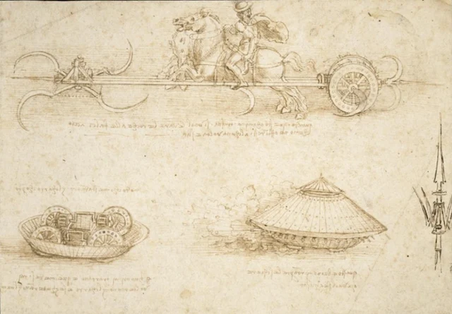 Leonardo's drawings of a scythed chariot and a fighting vehicle Leonardo da Vinci - 15th century manuscript by Leonardo da Vinci Drawing bij Leonardo da Vinci of a scythed chariot and an armoured tank.
