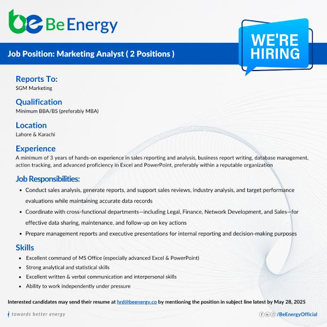 Be Energy Limited Latest Jobs in Lahore/Karachi Marketing Analyst 2025