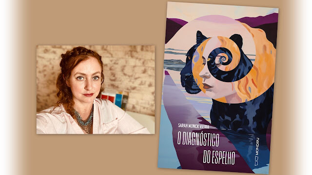 Autora Sarah Munck e capa do livro “O Diagnóstico do Espelho”.