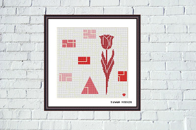 Red tulip flower cross stitch hand embroidery pattern - Tango Stitch