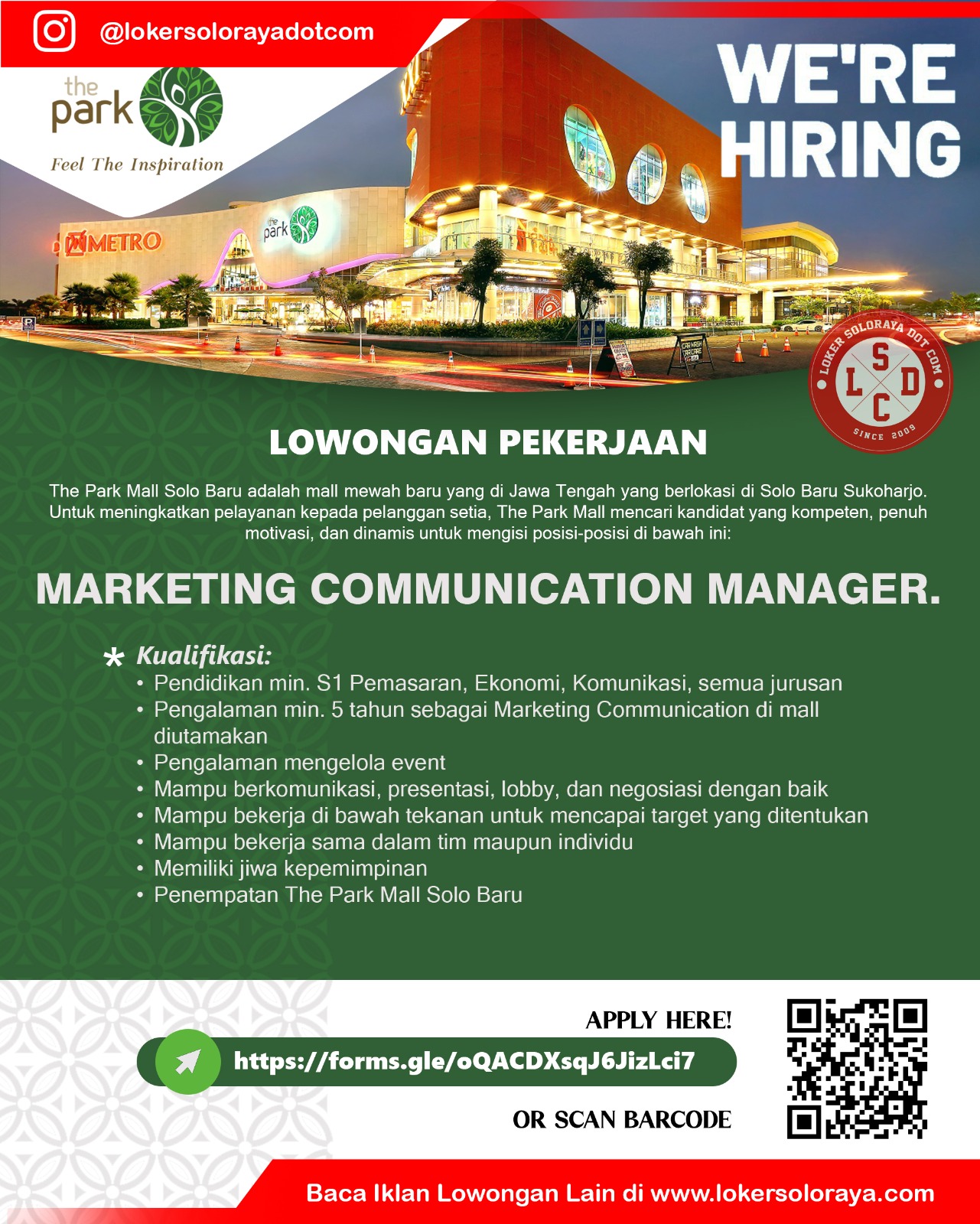 Loker Tenant Relation Officer, Marketing Communication Manager, dll di The Park Mall Solo Baru