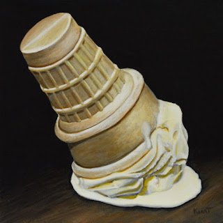 Small realist daily painting of a vanilla ice cream cone that's fallen