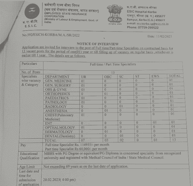 CG ESIC HOSPITAL KORBA VACANCY 2023 | छत्तीसगढ़ कर्मचारी राज्य बीमा ईएसआईसी हॉस्पिटल कोरबा में विभिन्न पदों की वेकेंसी