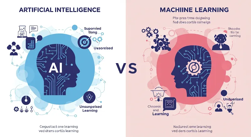 Infographic comparing AI and ML scope, functionality, and real-world uses.