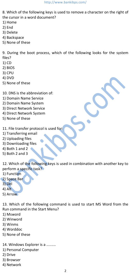 computer awareness questions for bank clerk