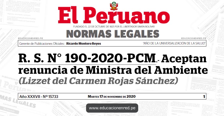 R. S. N° 190-2020-PCM.- Aceptan renuncia de Ministra del Ambiente (Lizzet del Carmen Rojas Sánchez)