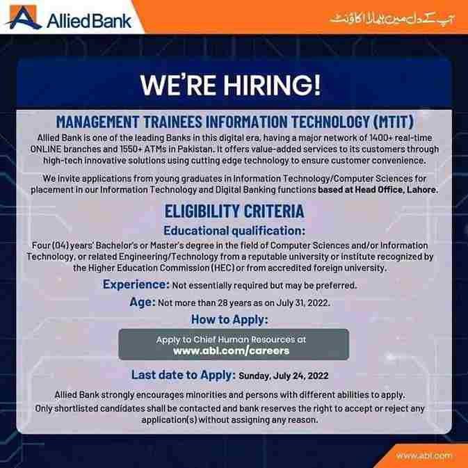 ABL Careers - ABL Jobs 2022 - Allied Bank Jobs 2022 - Allied Bank Careers - Allied Bank Online Apply for Job - www.abl.com Jobs 2022