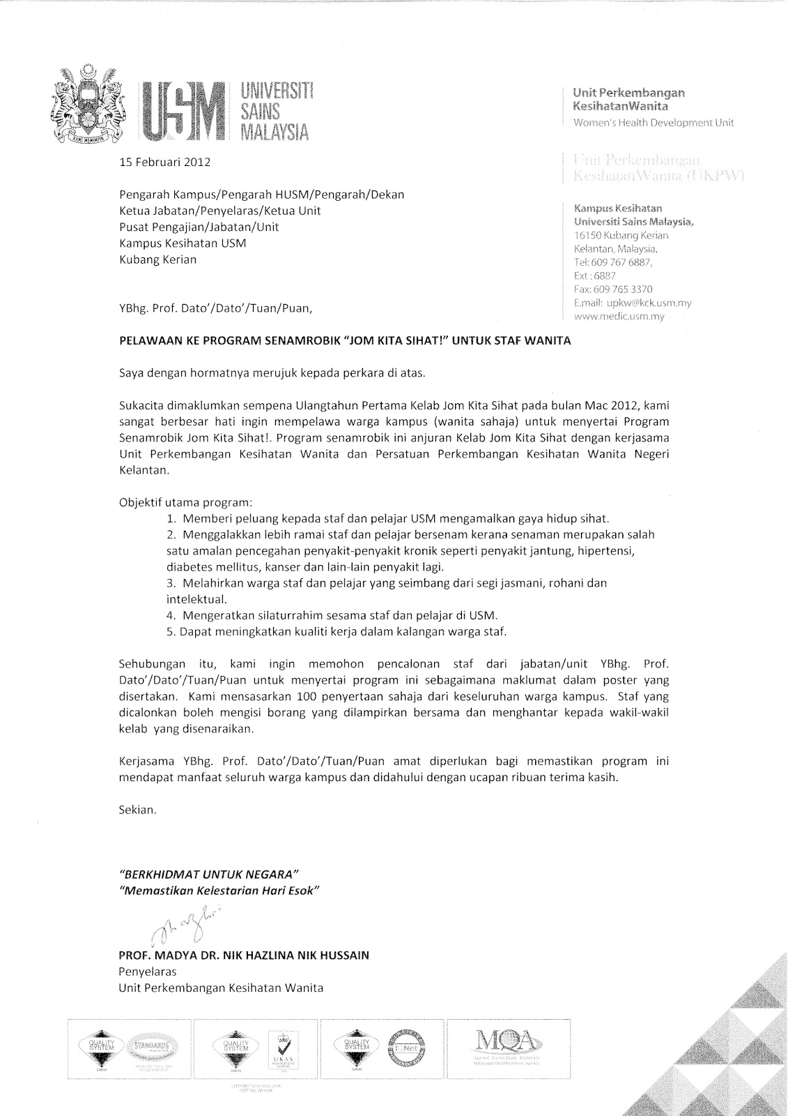 Jom Kita Sihat: Surat Edaran kepada Ketua Jabatan/Unit dan 