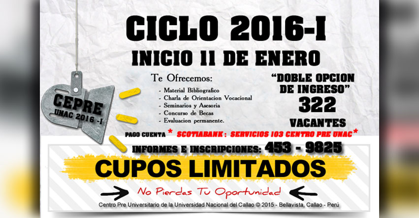 CEPRE-UNAC Inscripción 2016-1 - Inicio 11 Enero - Centro Pre Universitario de la Universidad Nacional del Callao - www.cepre.unac.edu.pe | www.unac.edu.pe