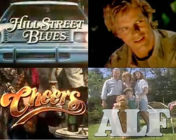 Header image of the article "Top 10 Tv Themes From The 80s". Includes:Hill Street Blues, MacGyver, Cheers, Alf