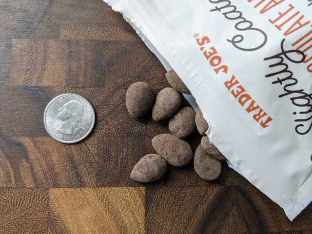 Trader Joe's Slightly Coated Dark Chocolate Almonds top-down view