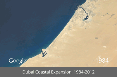 تغير شاطئ الجميرا و ظهور مشروع النخلة في دبي