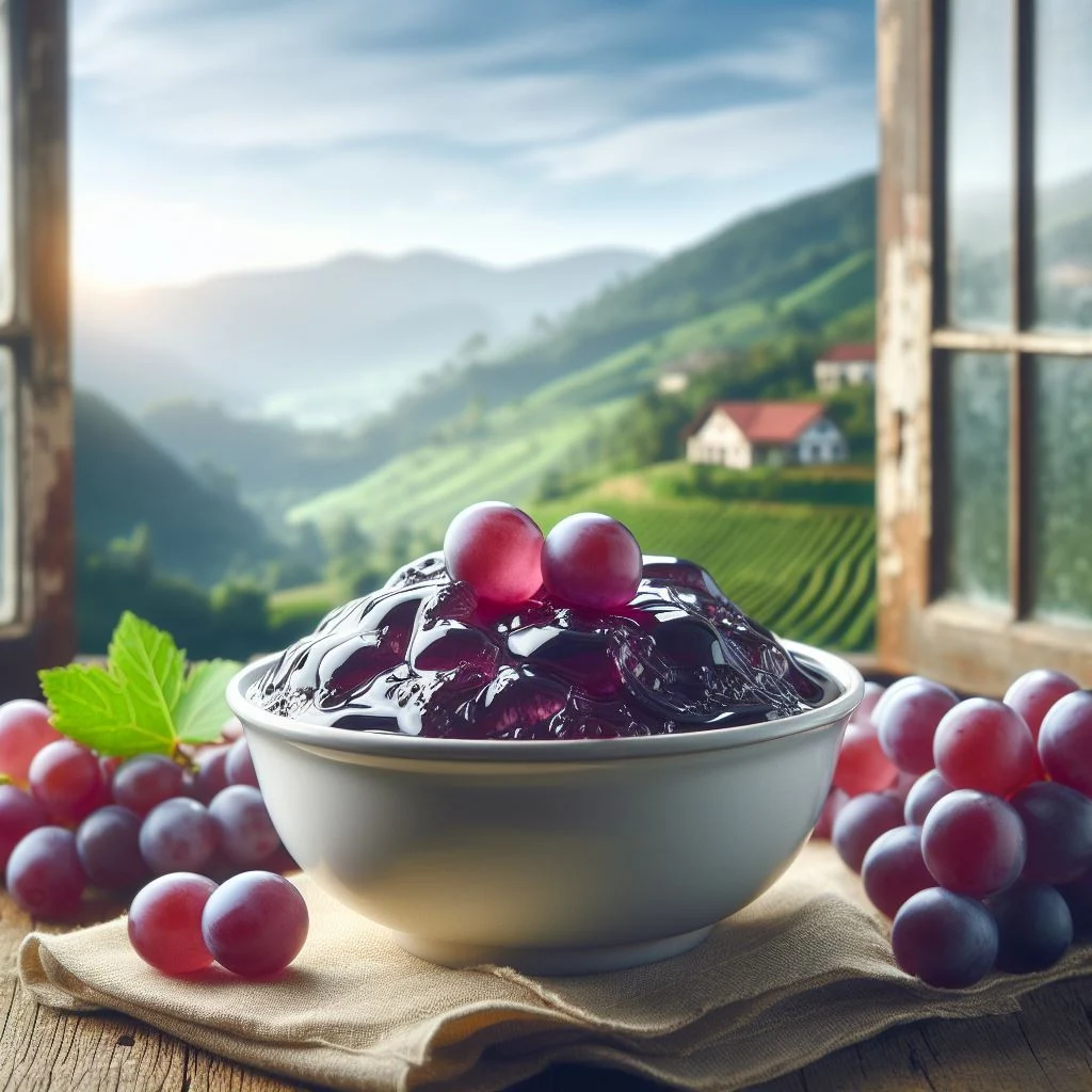 plato de gelatina de uvas frente a una ventana con vista al campo